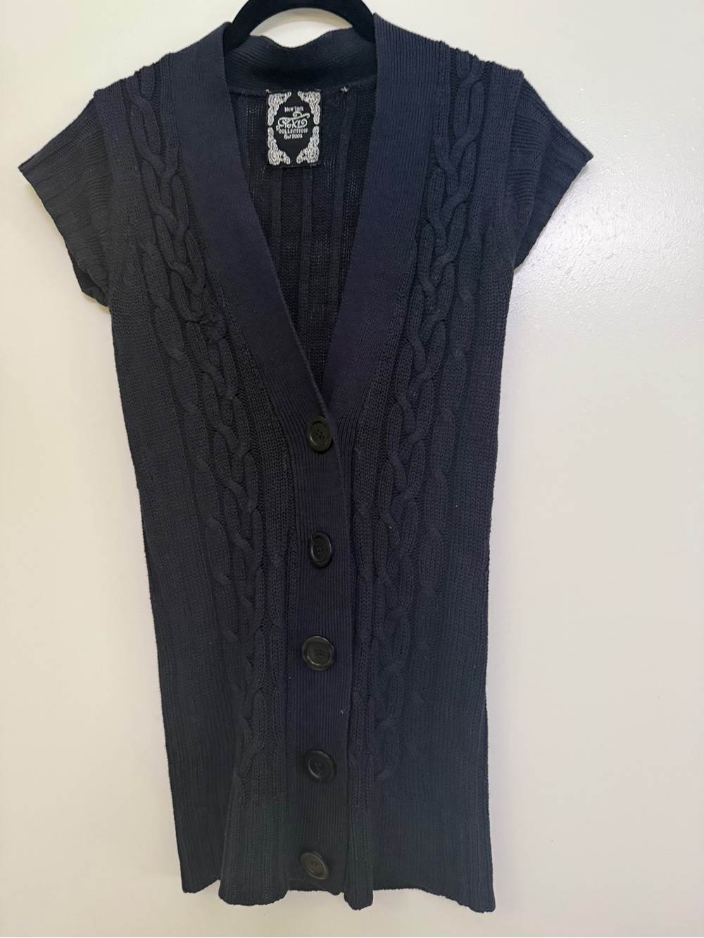 Cable-Knit Short Sleeve Button-Front Cardigan - Navy
